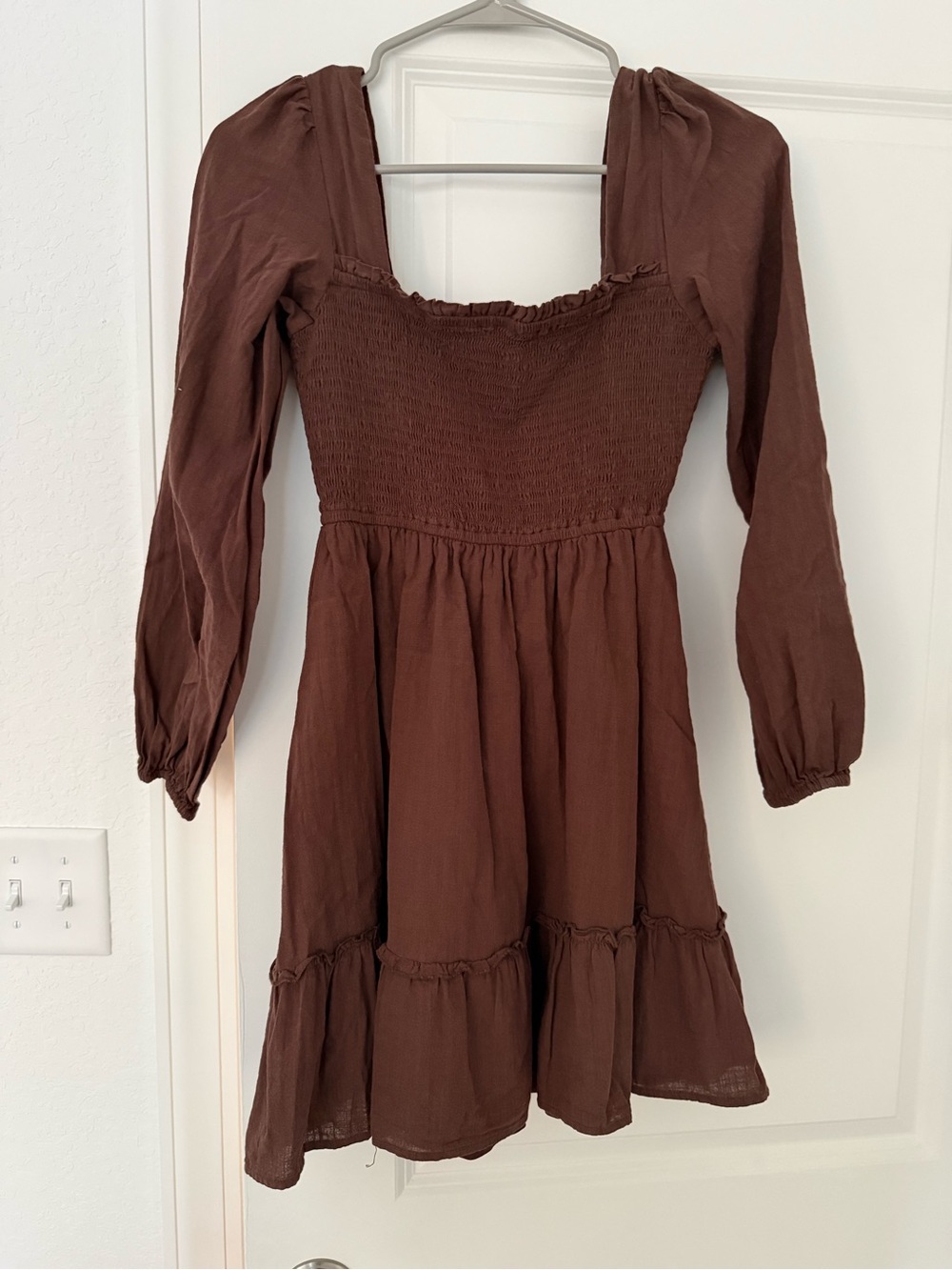 Altar'd State Brown Long Sleeve Smocked Tiered Dress